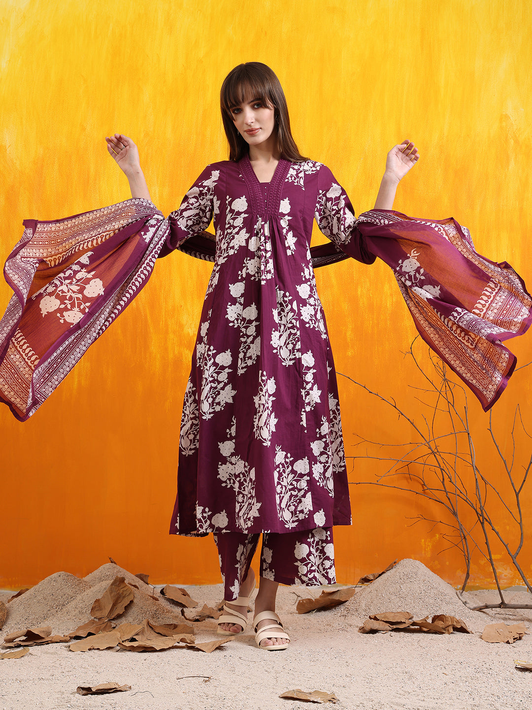 Embroidered & Printed Flared Kurta With Pant & Dupatta, Purple - Hiral Fashion