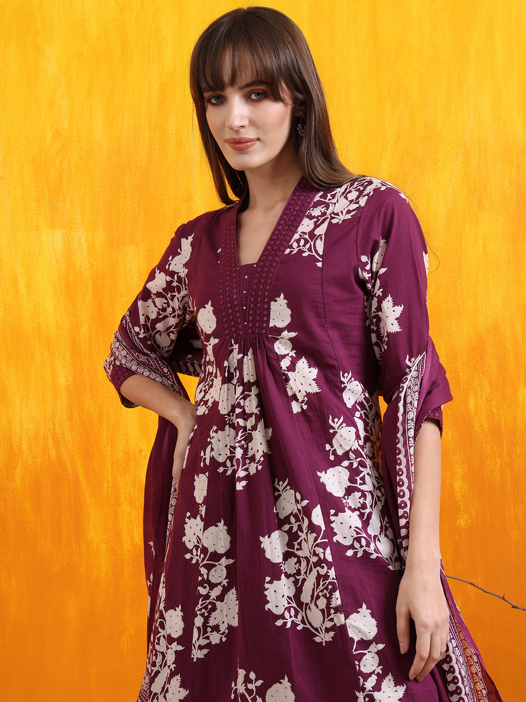 Embroidered & Printed Flared Kurta With Pant & Dupatta, Purple - Hiral Fashion