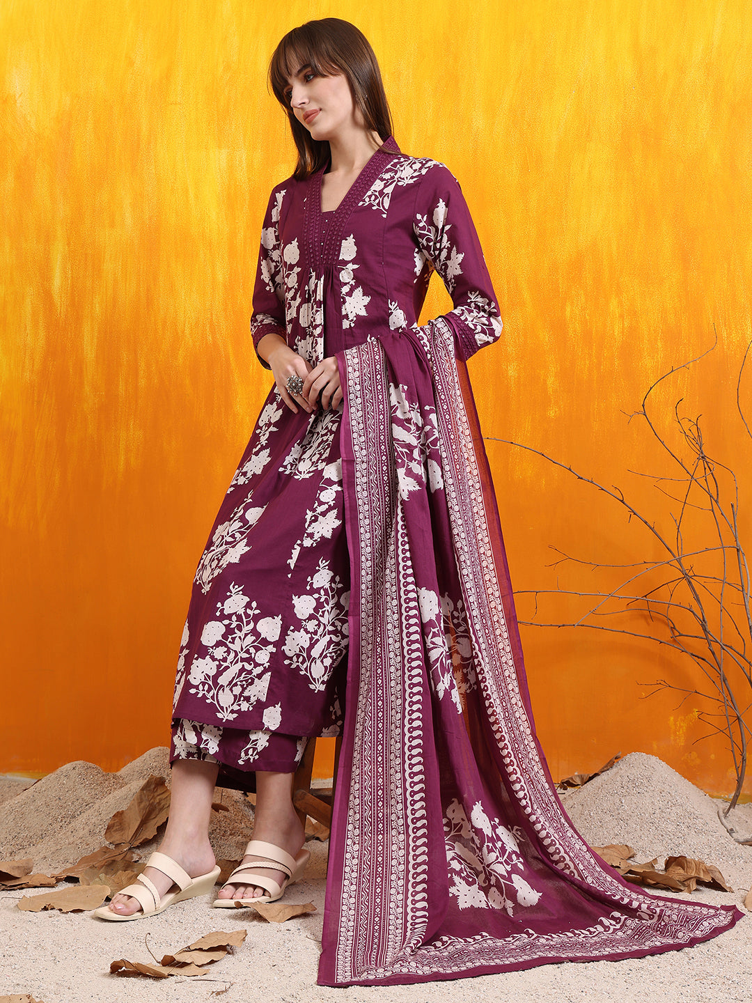 Embroidered & Printed Flared Kurta With Pant & Dupatta, Purple - Hiral Fashion