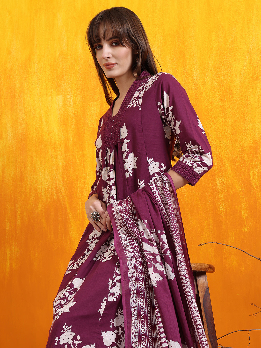Embroidered & Printed Flared Kurta With Pant & Dupatta, Purple - Hiral Fashion