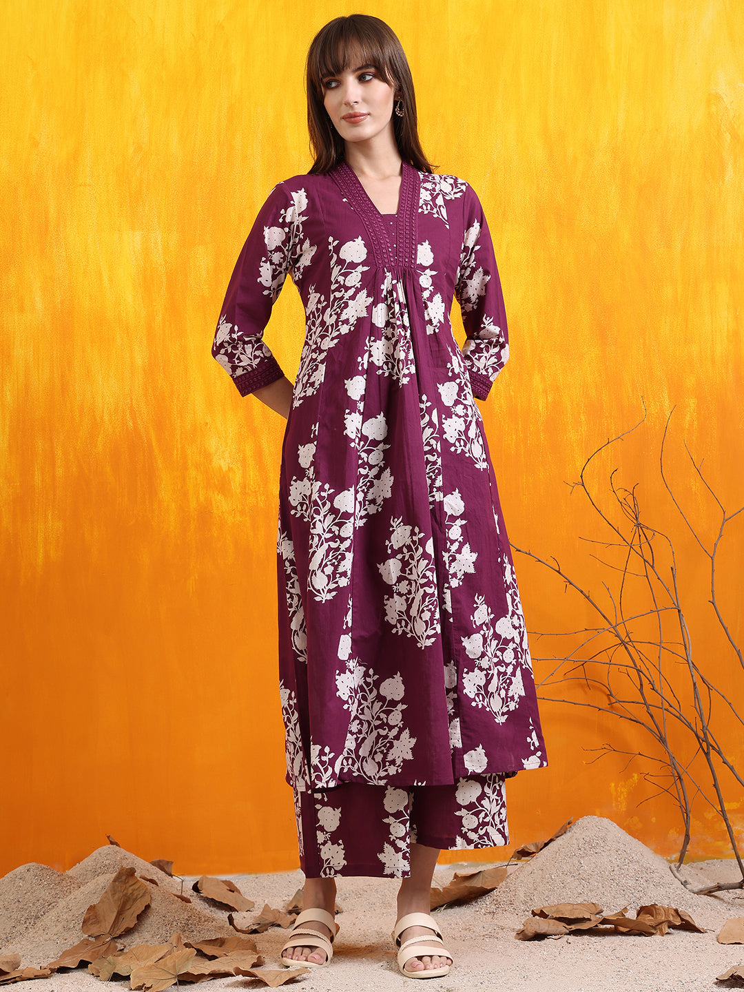 Embroidered & Printed Flared Kurta With Pant & Dupatta, Purple - Hiral Fashion