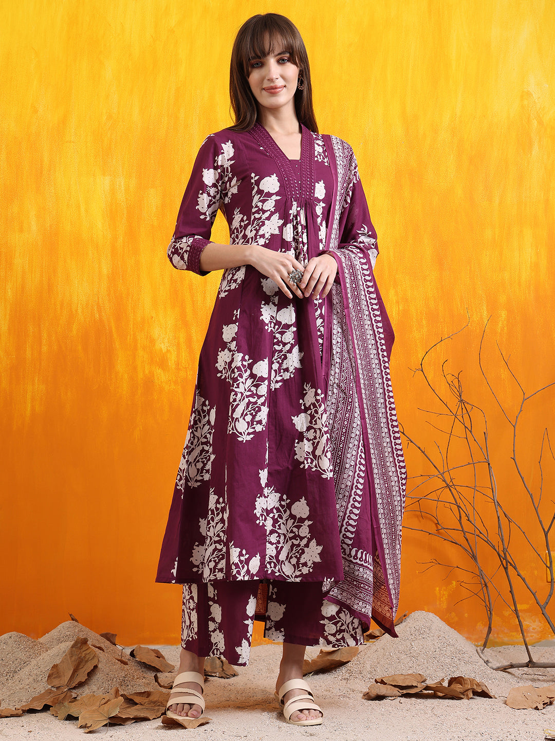 Embroidered & Printed Flared Kurta With Pant & Dupatta, Purple - Hiral Fashion