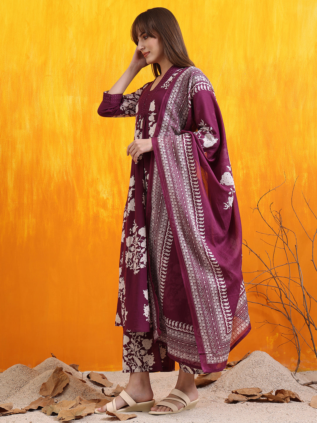 Embroidered & Printed Flared Kurta With Pant & Dupatta, Purple - Hiral Fashion