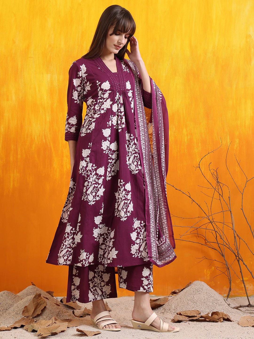 Embroidered & Printed Flared Kurta With Pant & Dupatta, Purple - Hiral Fashion