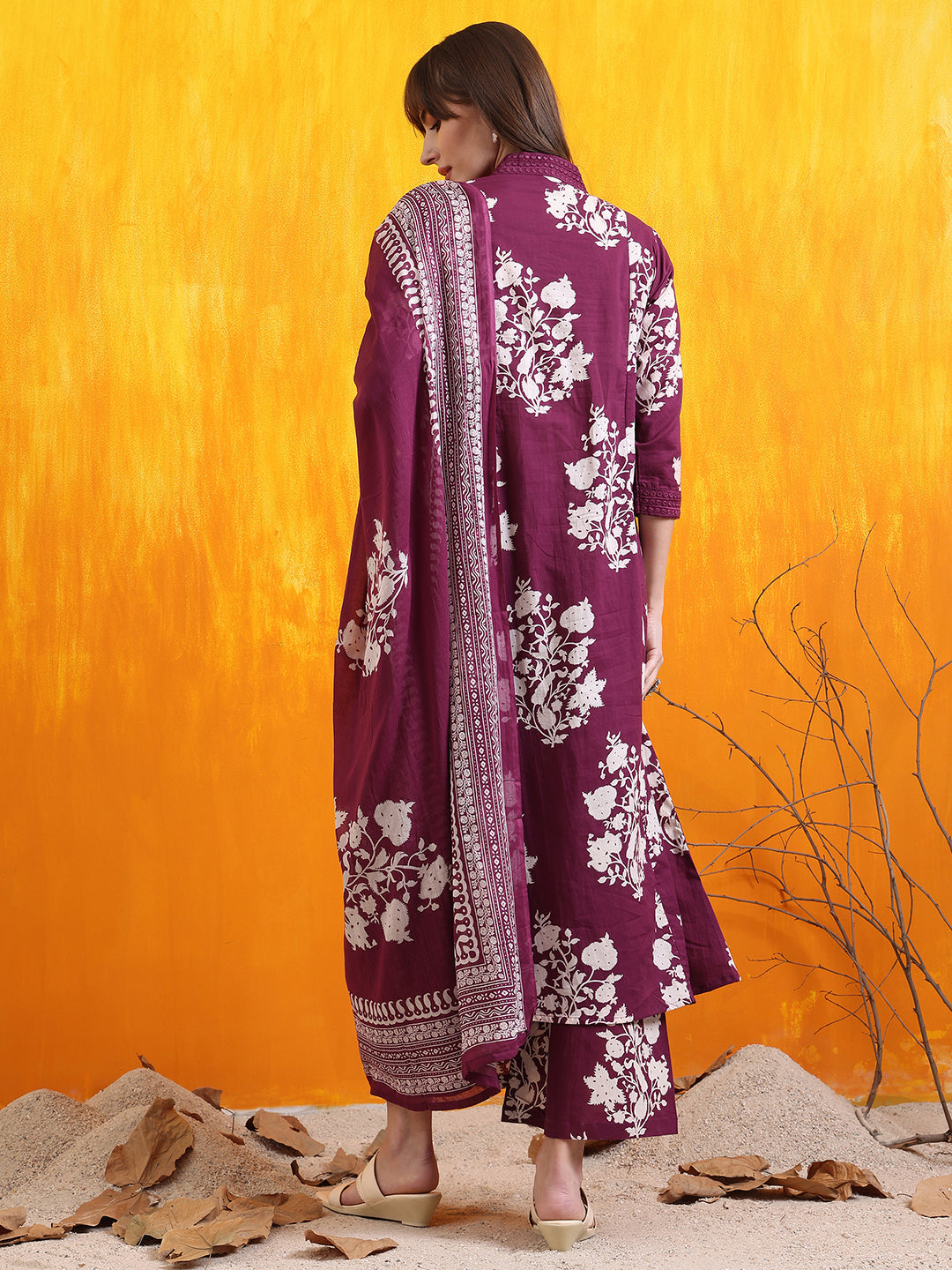Embroidered & Printed Flared Kurta With Pant & Dupatta, Purple - Hiral Fashion