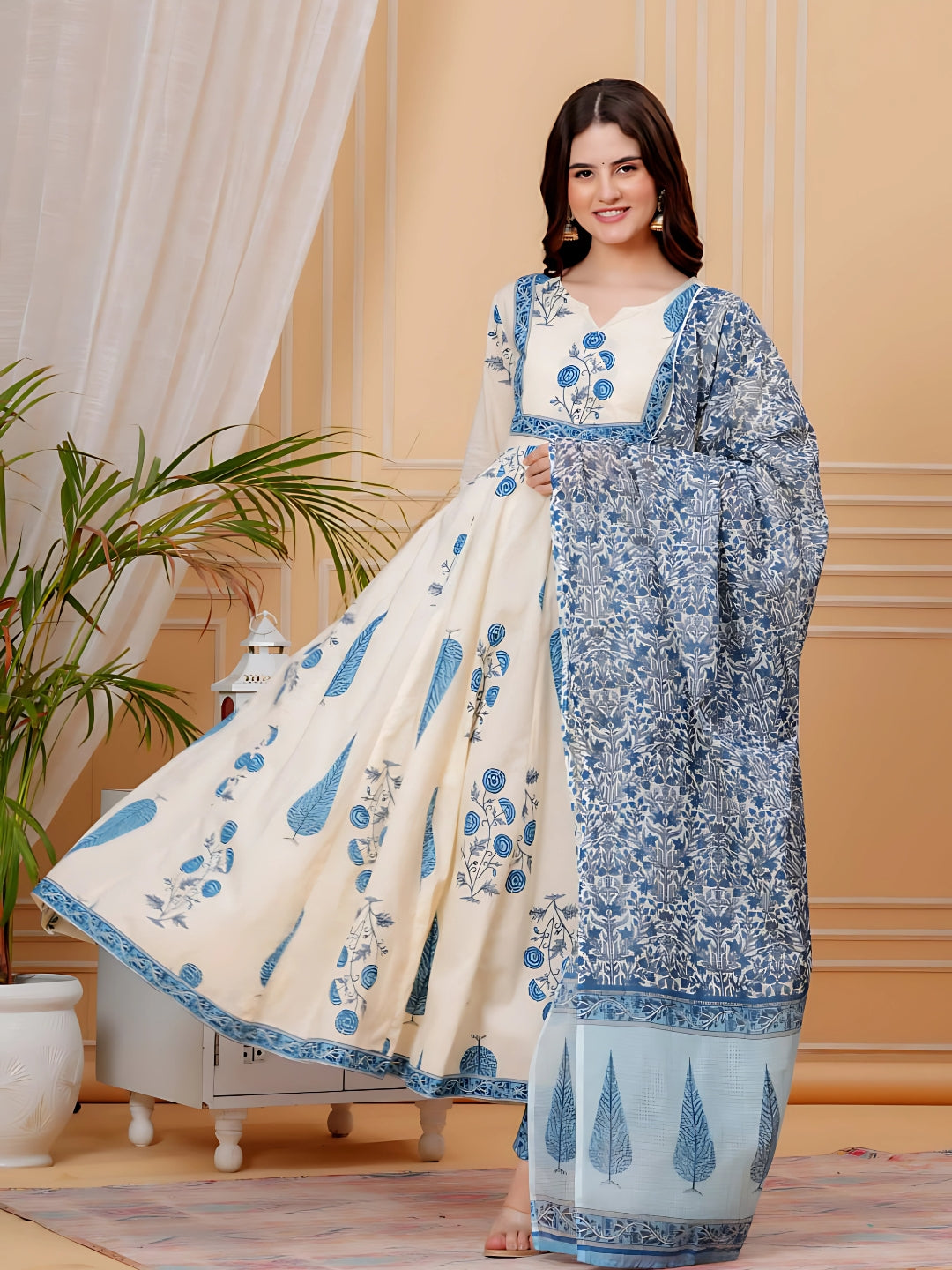 Ethnic Motifs Printed Anarkali Kurta With Pant & Dupatta, Aqua-Blue - Hiral Fashion