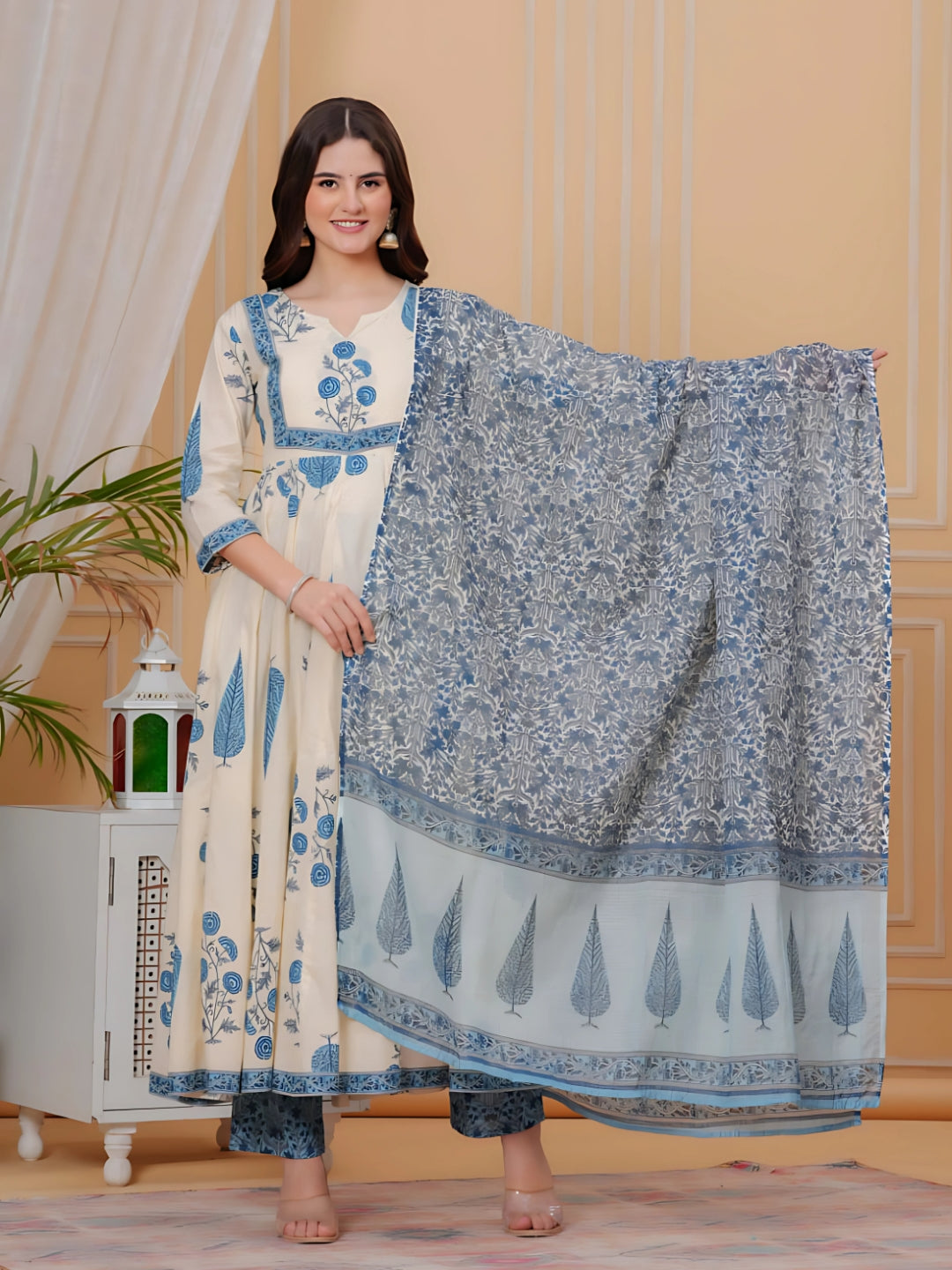 Ethnic Motifs Printed Anarkali Kurta With Pant & Dupatta, Aqua-Blue - Hiral Fashion