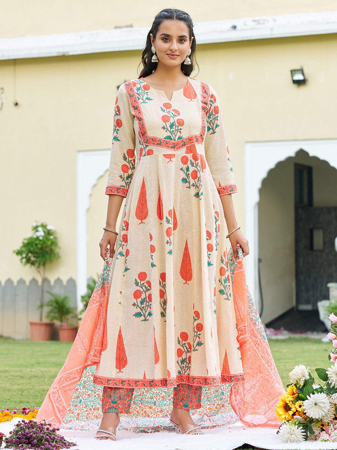 Ethnic Motifs Printed Anarkali Kurta With Pant & Dupatta, Orange - Hiral Fashion