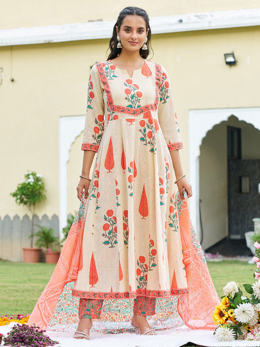 Ethnic Motifs Printed Anarkali Kurta With Pant & Dupatta, Orange - Hiral Fashion