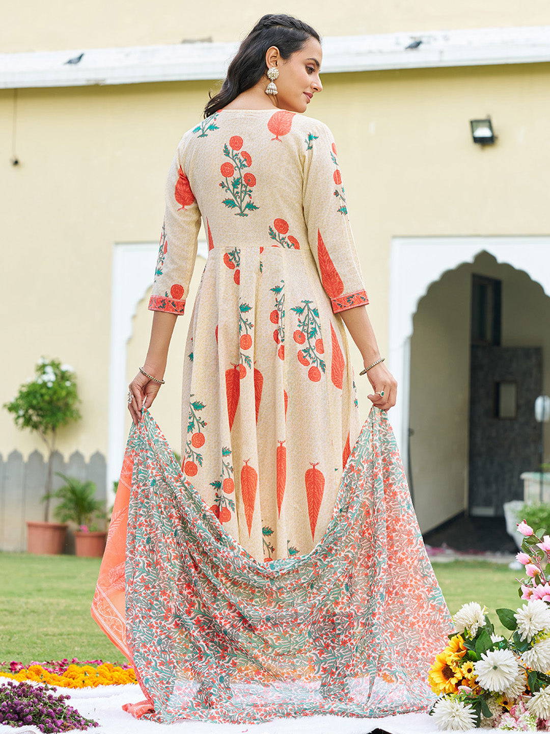 Ethnic Motifs Printed Anarkali Kurta With Pant & Dupatta, Orange - Hiral Fashion