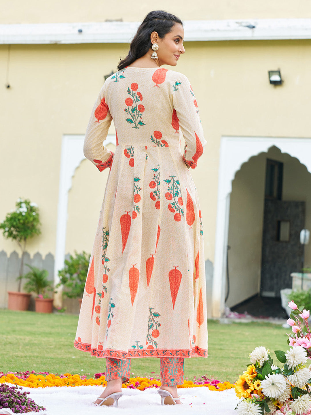 Ethnic Motifs Printed Anarkali Kurta With Pant & Dupatta, Orange - Hiral Fashion