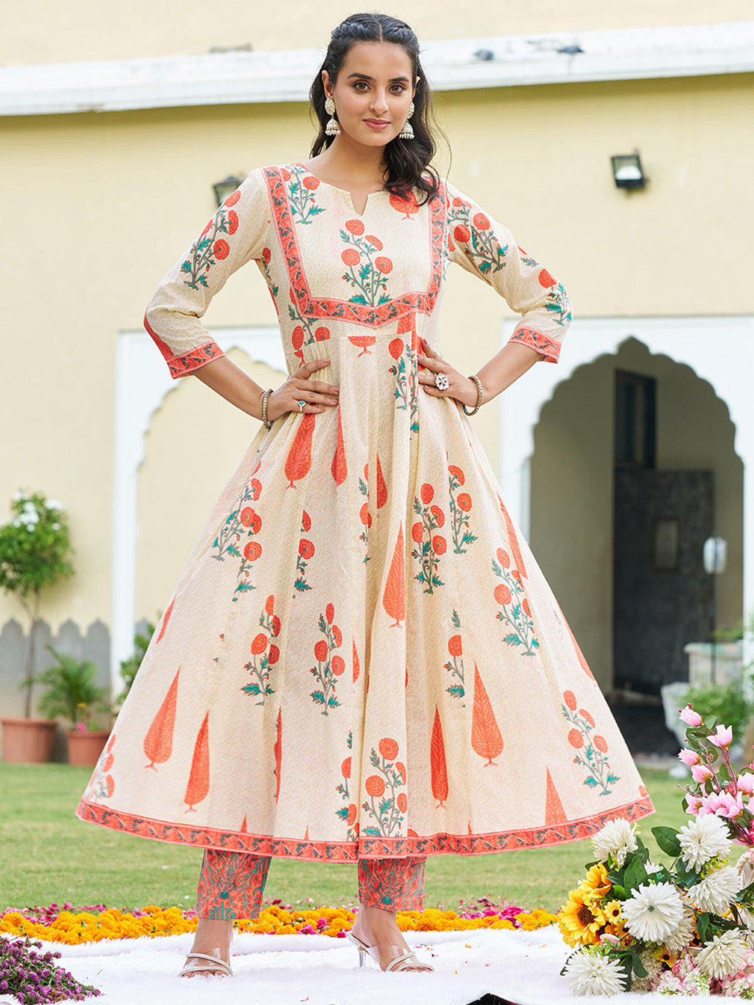Ethnic Motifs Printed Anarkali Kurta With Pant & Dupatta, Orange - Hiral Fashion