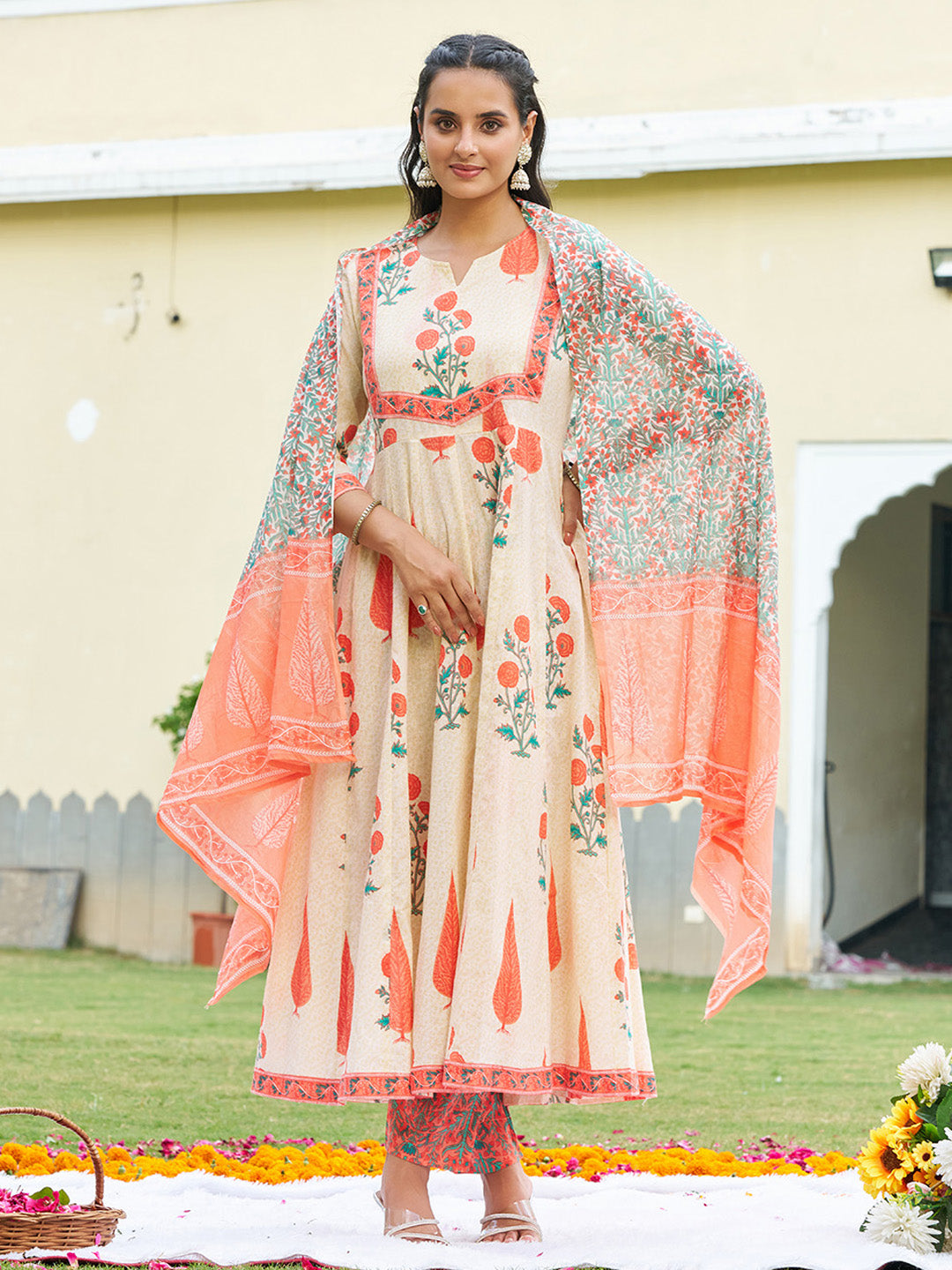 Ethnic Motifs Printed Anarkali Kurta With Pant & Dupatta, Orange - Hiral Fashion