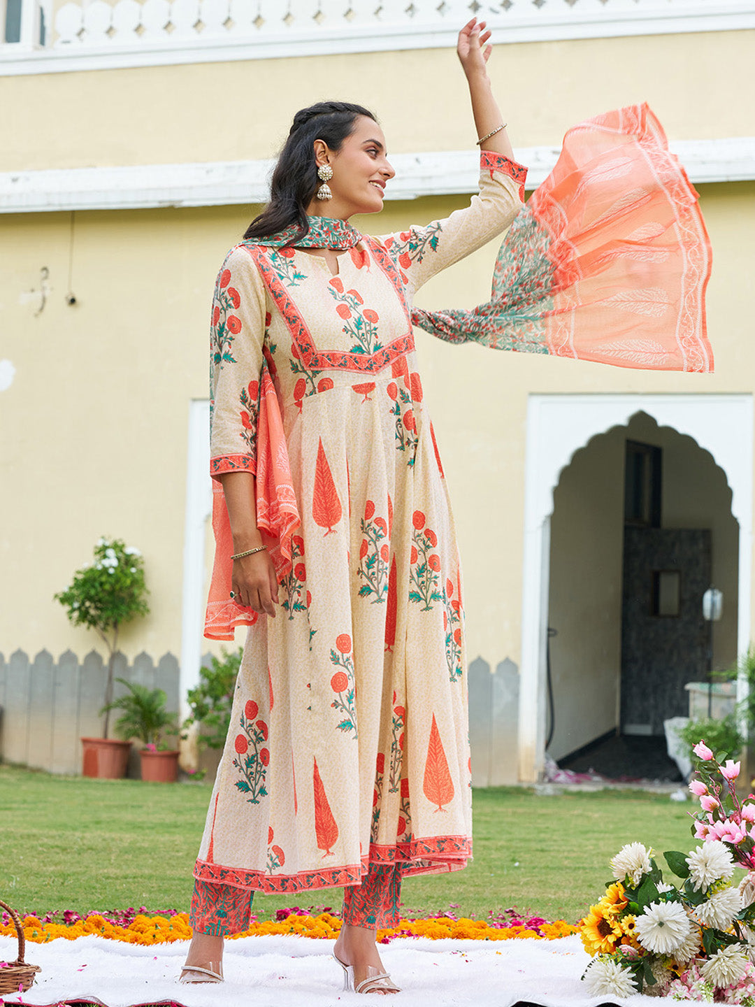 Ethnic Motifs Printed Anarkali Kurta With Pant & Dupatta, Orange - Hiral Fashion