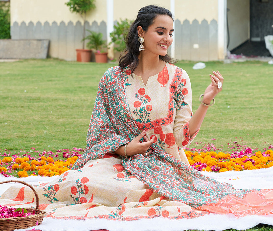 Ethnic Motifs Printed Anarkali Kurta With Pant & Dupatta, Orange - Hiral Fashion