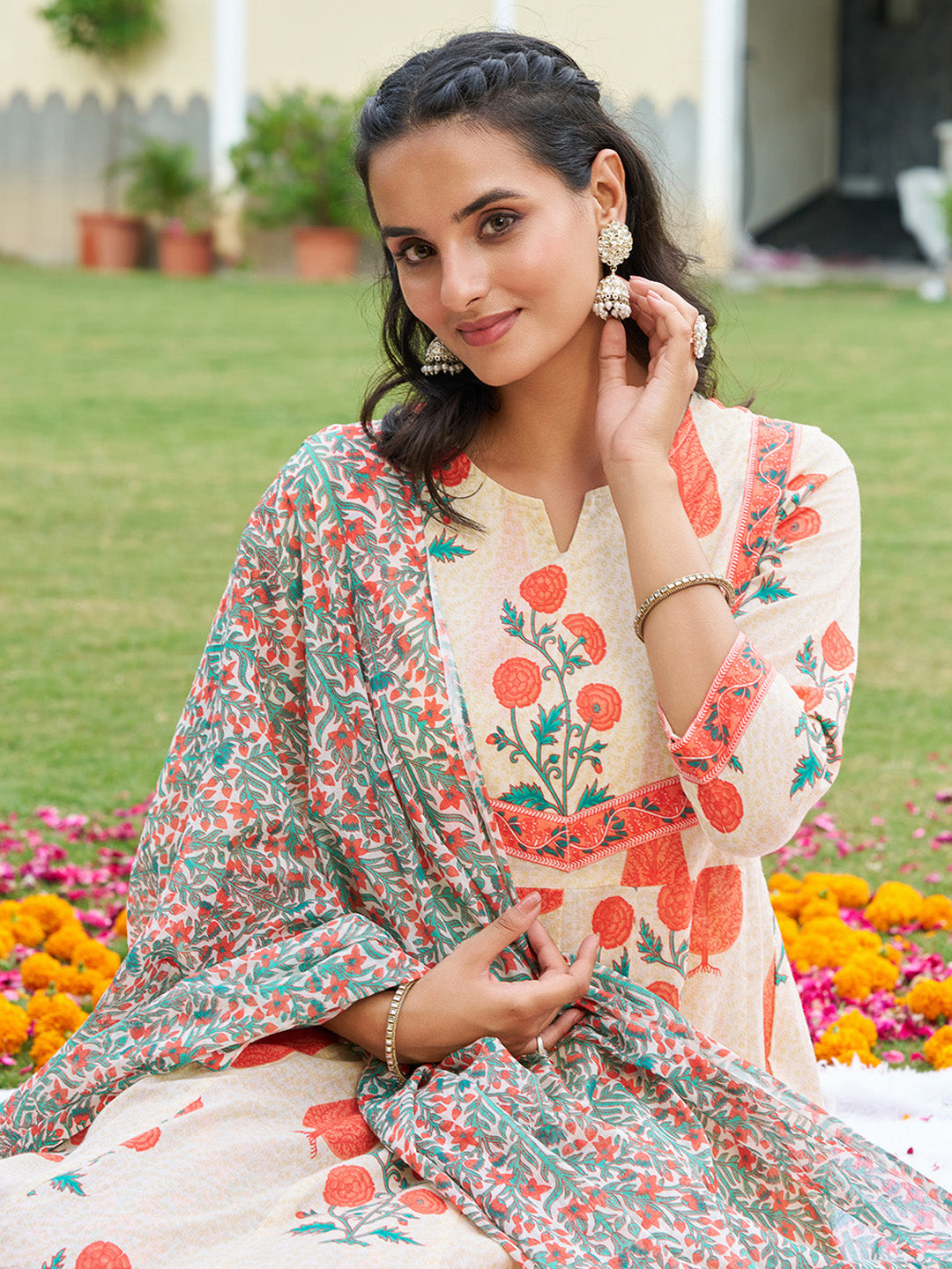 Ethnic Motifs Printed Anarkali Kurta With Pant & Dupatta, Orange - Hiral Fashion
