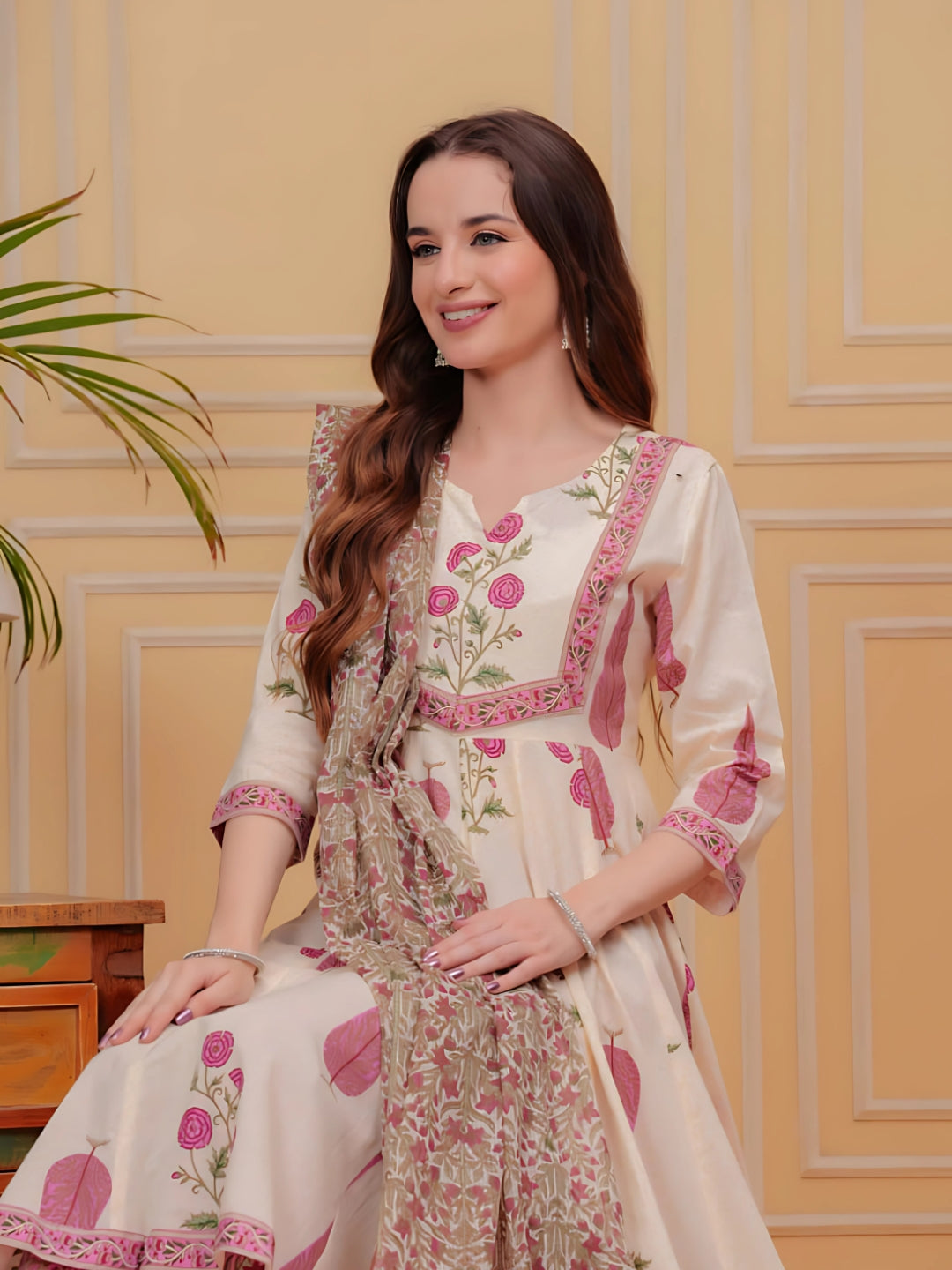 Ethnic Motifs Printed Anarkali Kurta With Pant & Dupatta, Pink - Hiral Fashion