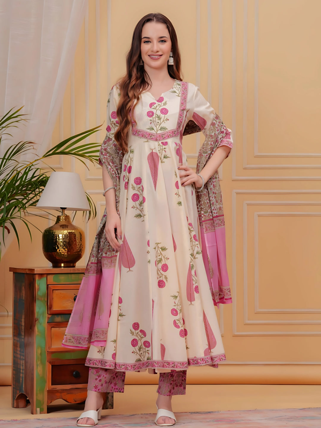 Ethnic Motifs Printed Anarkali Kurta With Pant & Dupatta, Pink - Hiral Fashion