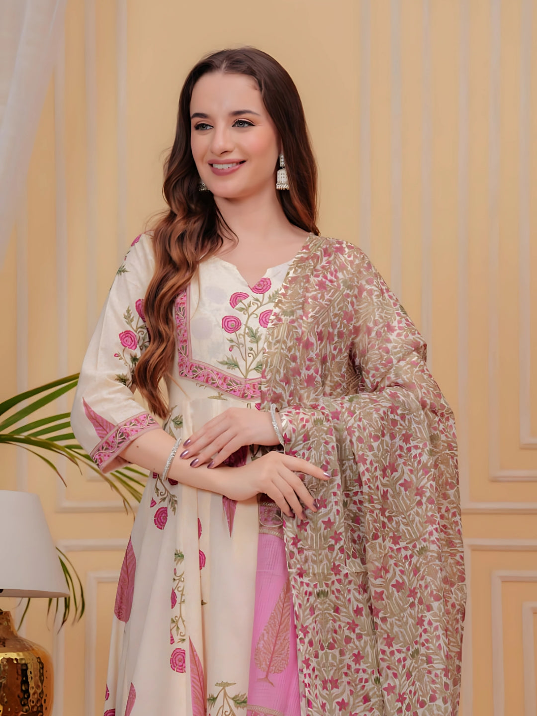 Ethnic Motifs Printed Anarkali Kurta With Pant & Dupatta, Pink - Hiral Fashion