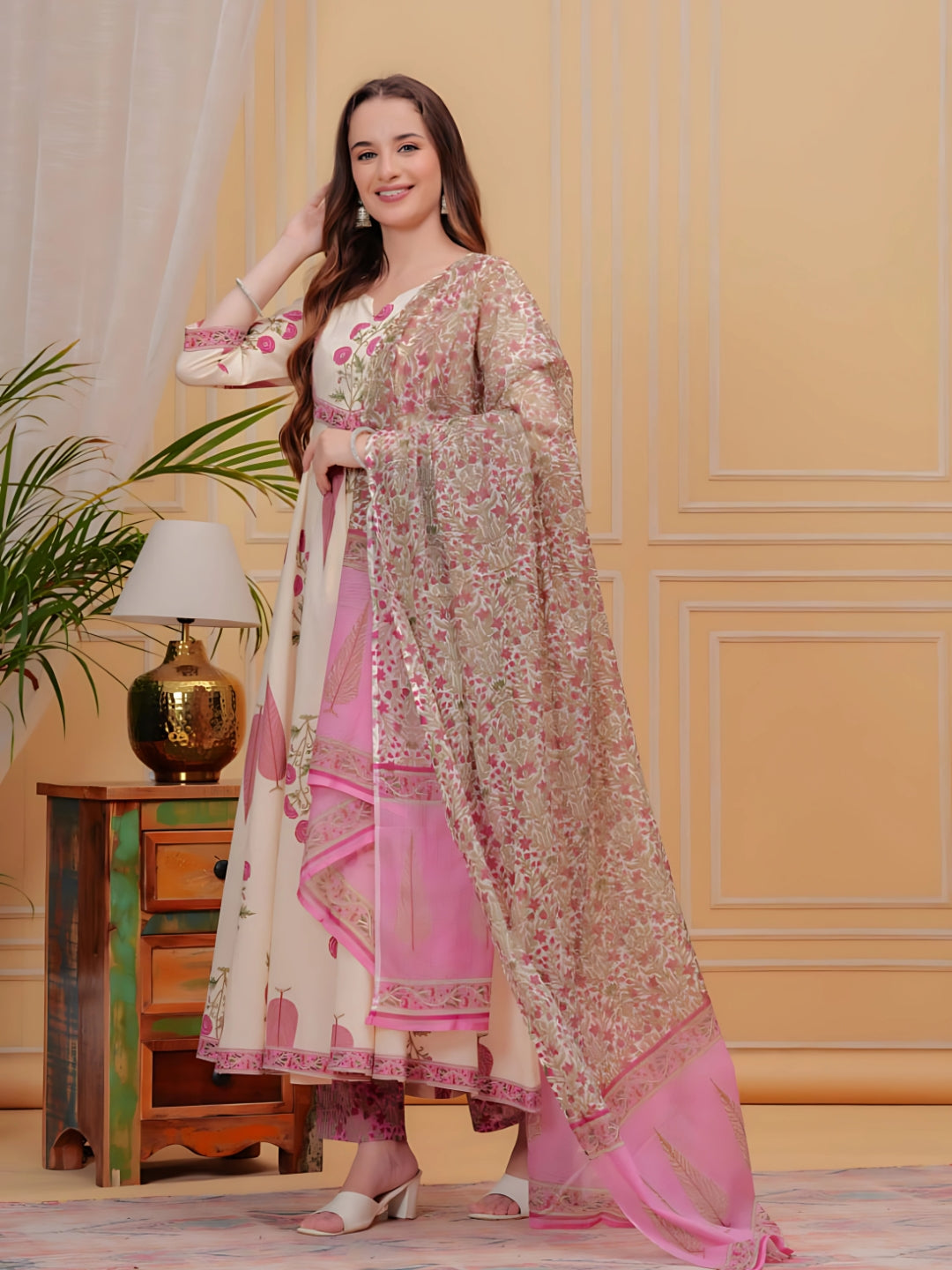 Ethnic Motifs Printed Anarkali Kurta With Pant & Dupatta, Pink - Hiral Fashion