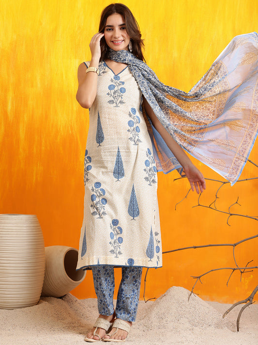 Ethnic Motifs Printed Kurta With Pant & Printed Dupatta, Aqua-Blue - Hiral Fashion