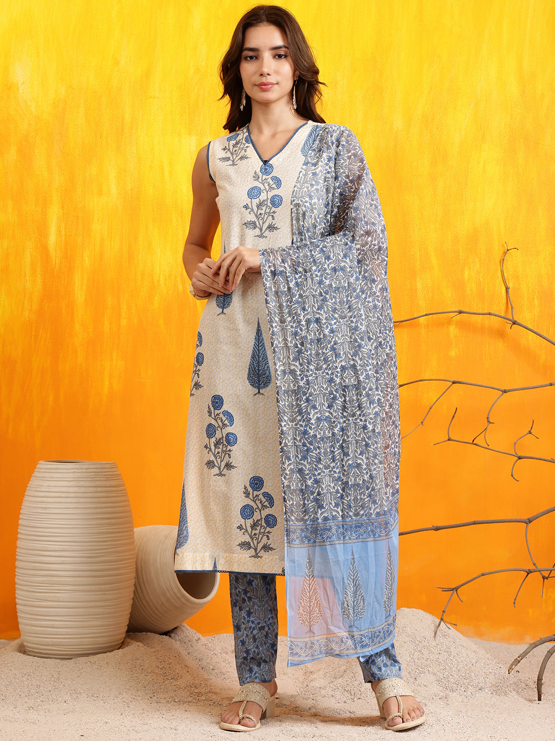 Ethnic Motifs Printed Kurta With Pant & Printed Dupatta, Aqua-Blue - Hiral Fashion