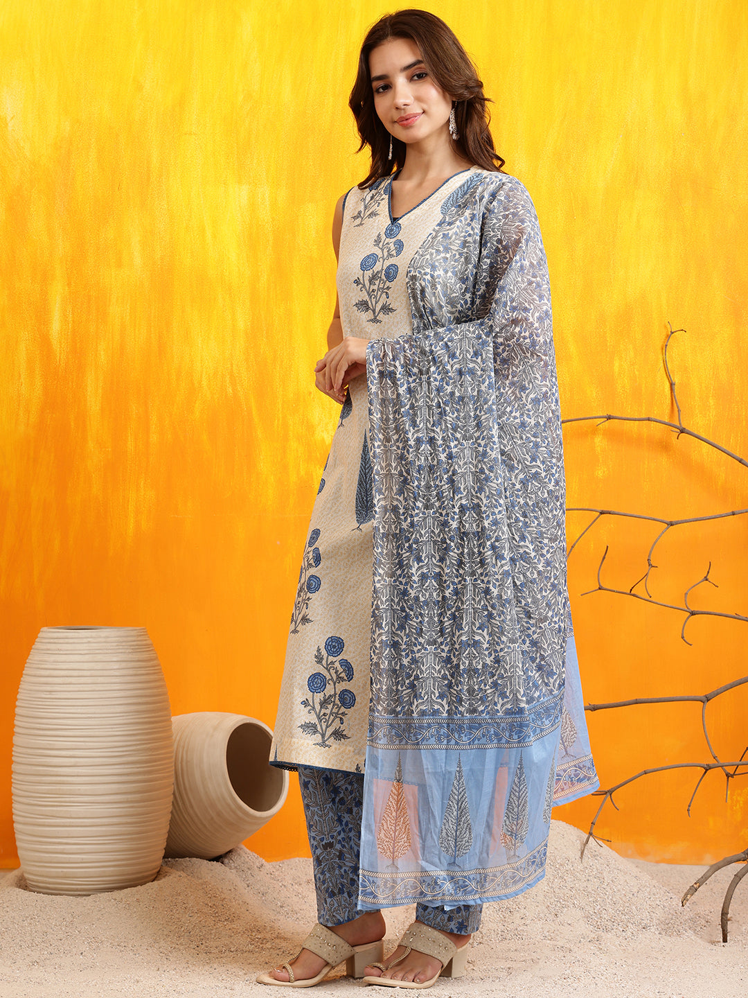 Ethnic Motifs Printed Kurta With Pant & Printed Dupatta, Aqua-Blue - Hiral Fashion