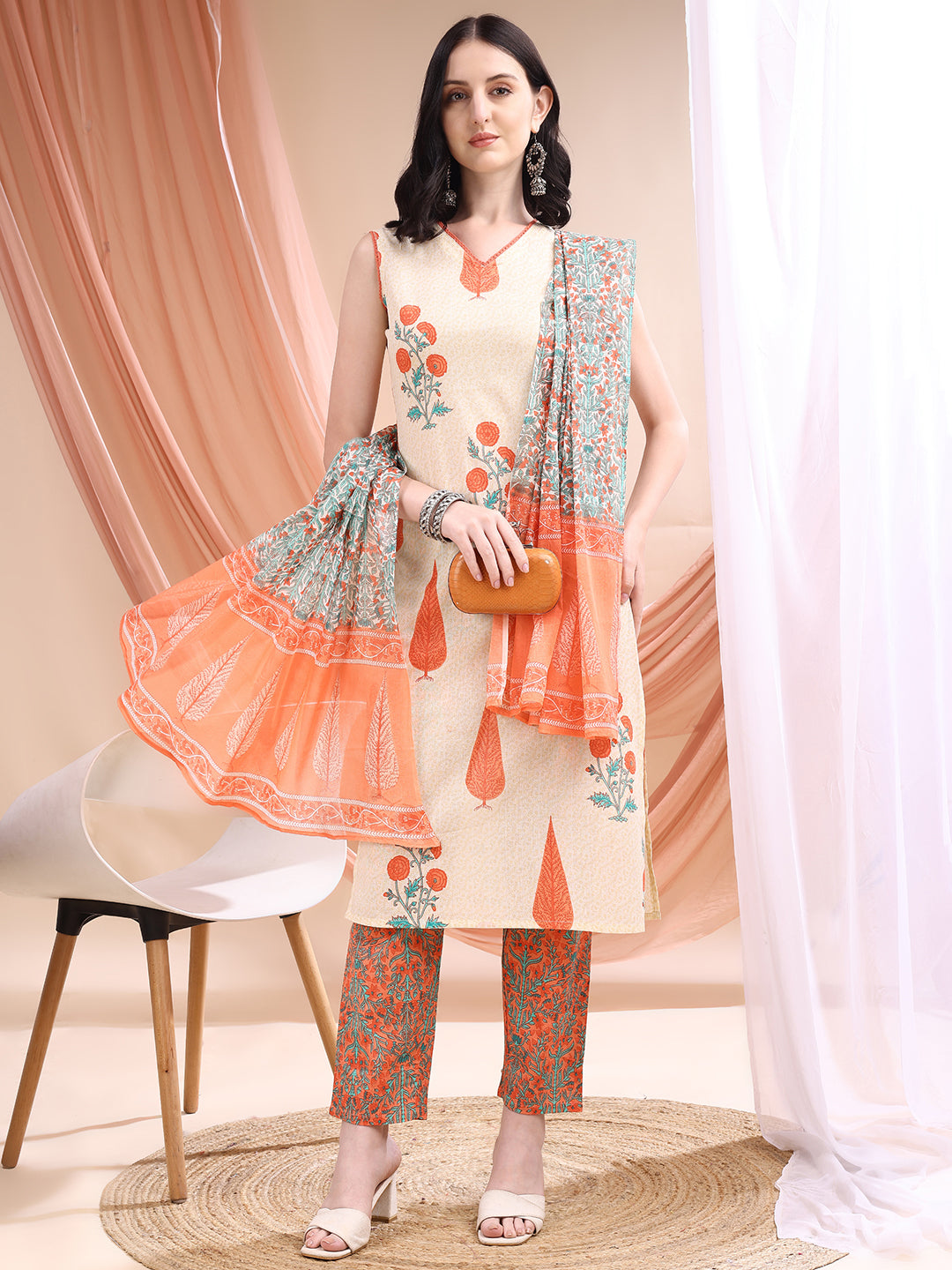 Ethnic Motifs Printed Kurta With Pant & Printed Dupatta, Orange - Hiral Fashion