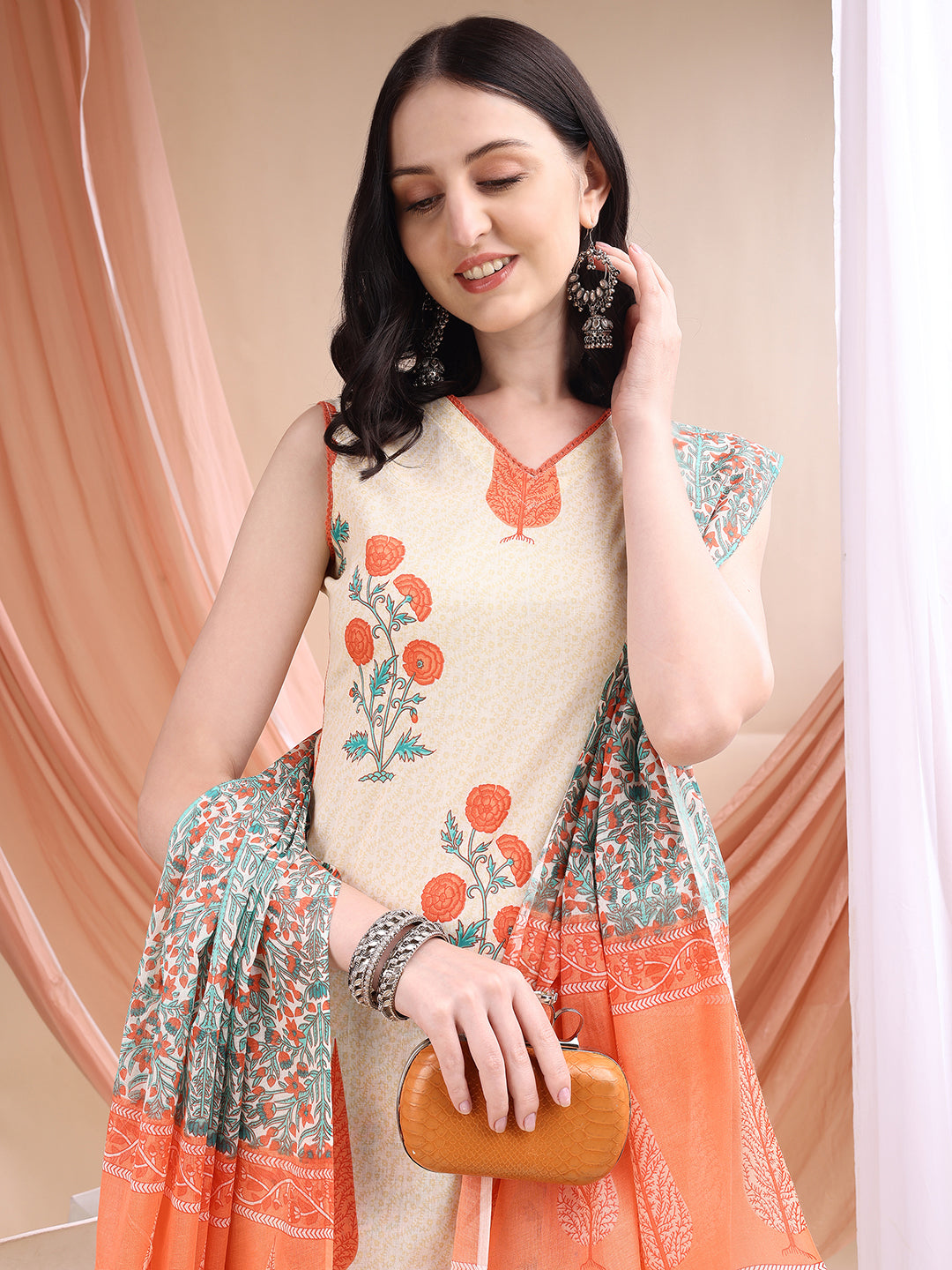 Ethnic Motifs Printed Kurta With Pant & Printed Dupatta, Orange - Hiral Fashion