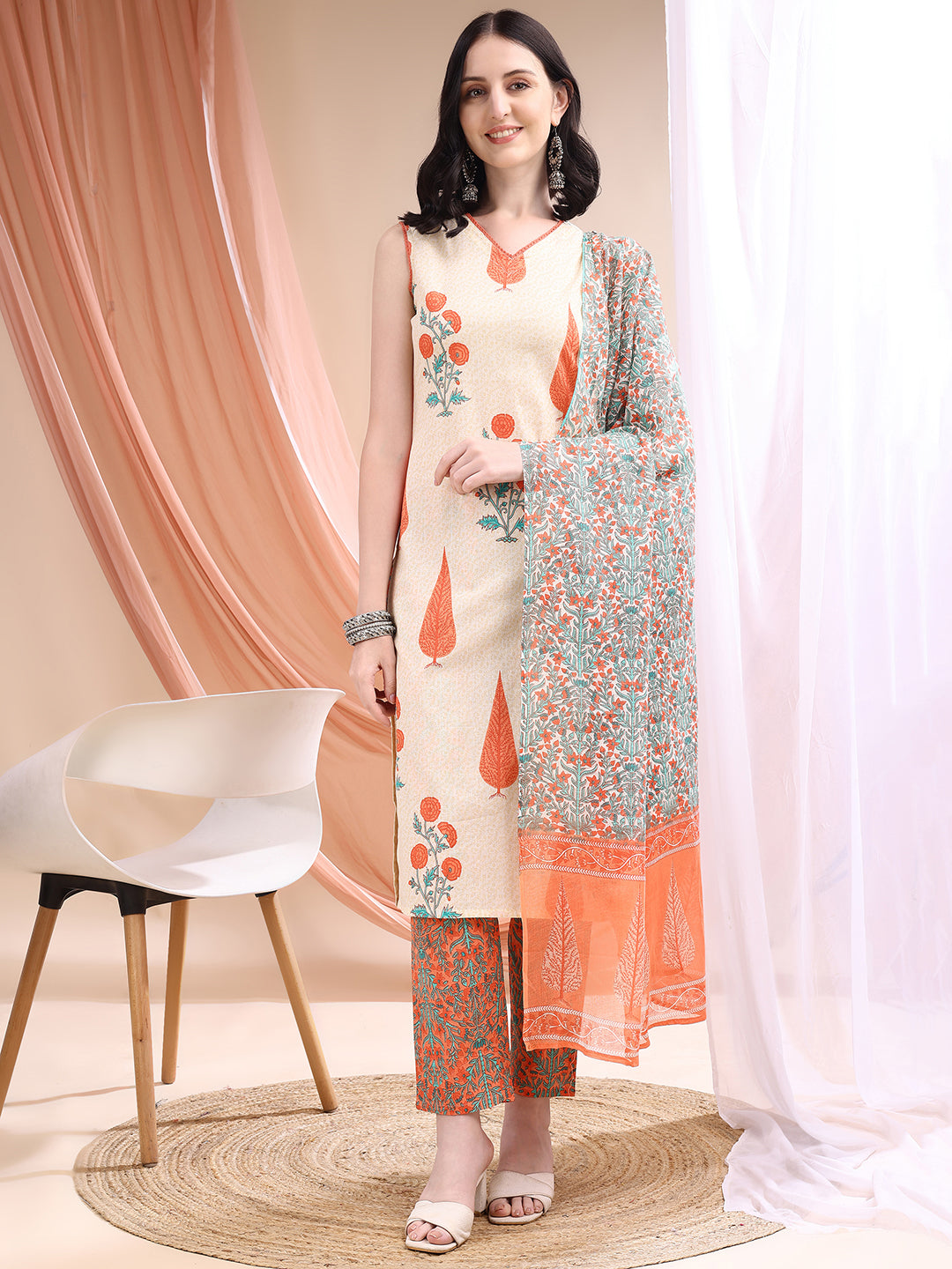 Ethnic Motifs Printed Kurta With Pant & Printed Dupatta, Orange - Hiral Fashion