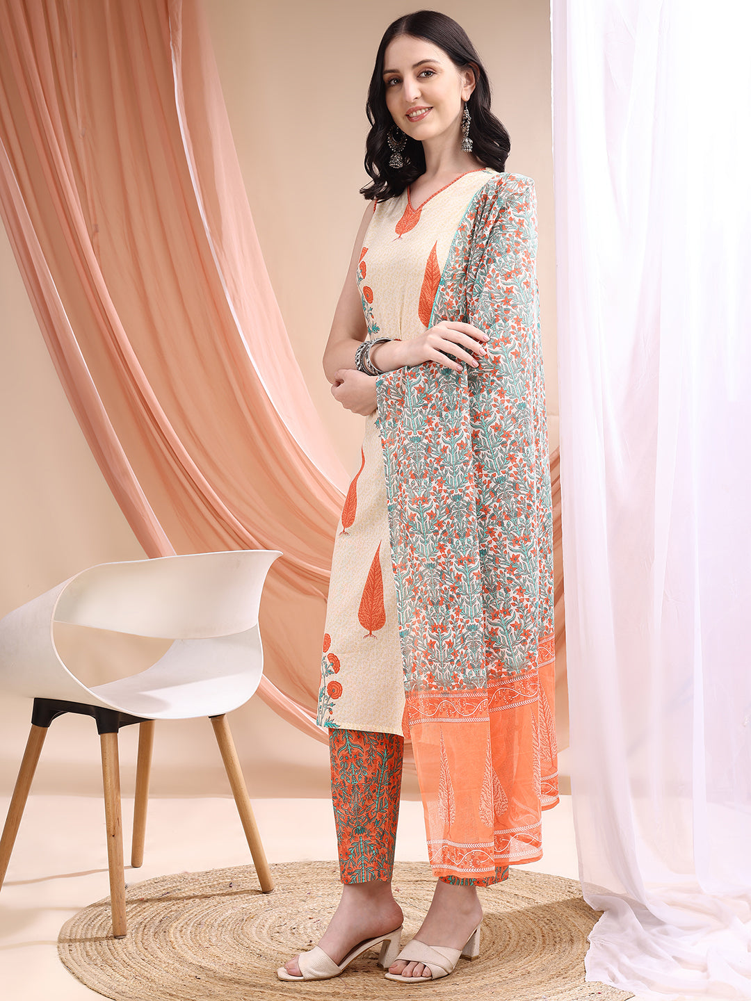 Ethnic Motifs Printed Kurta With Pant & Printed Dupatta, Orange - Hiral Fashion