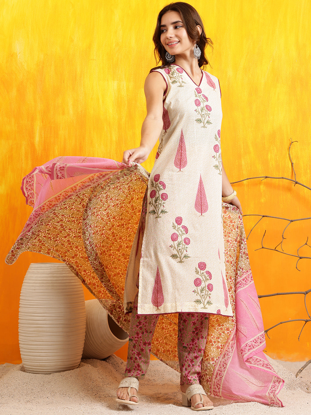 Ethnic Motifs Printed Kurta With Pant & Printed Dupatta, Pink - Hiral Fashion