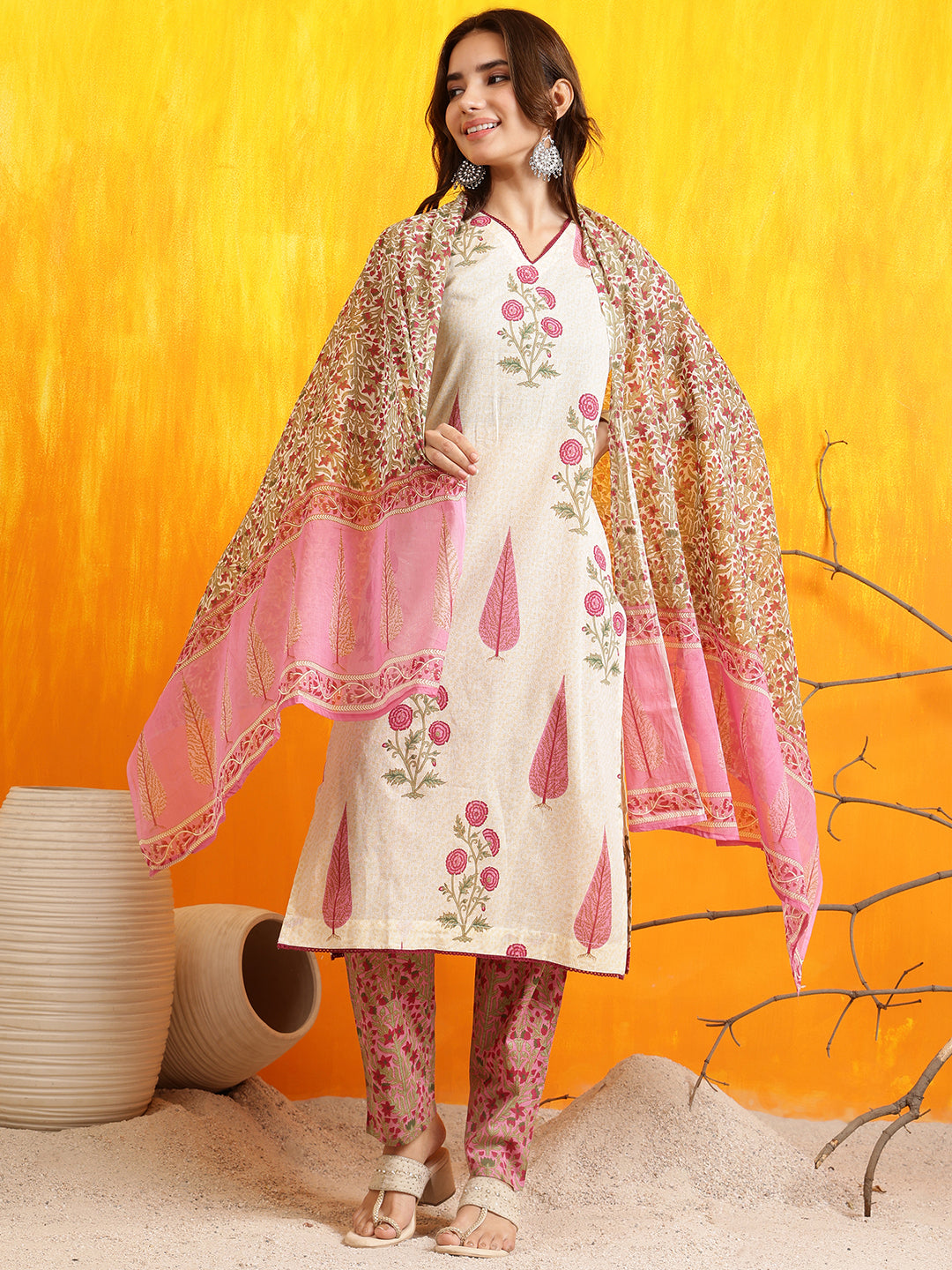 Ethnic Motifs Printed Kurta With Pant & Printed Dupatta, Pink - Hiral Fashion