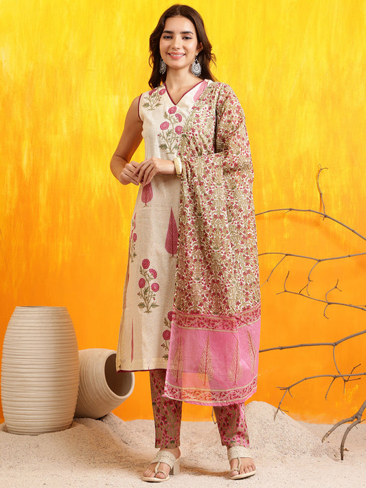 Ethnic Motifs Printed Kurta With Pant & Printed Dupatta, Pink - Hiral Fashion