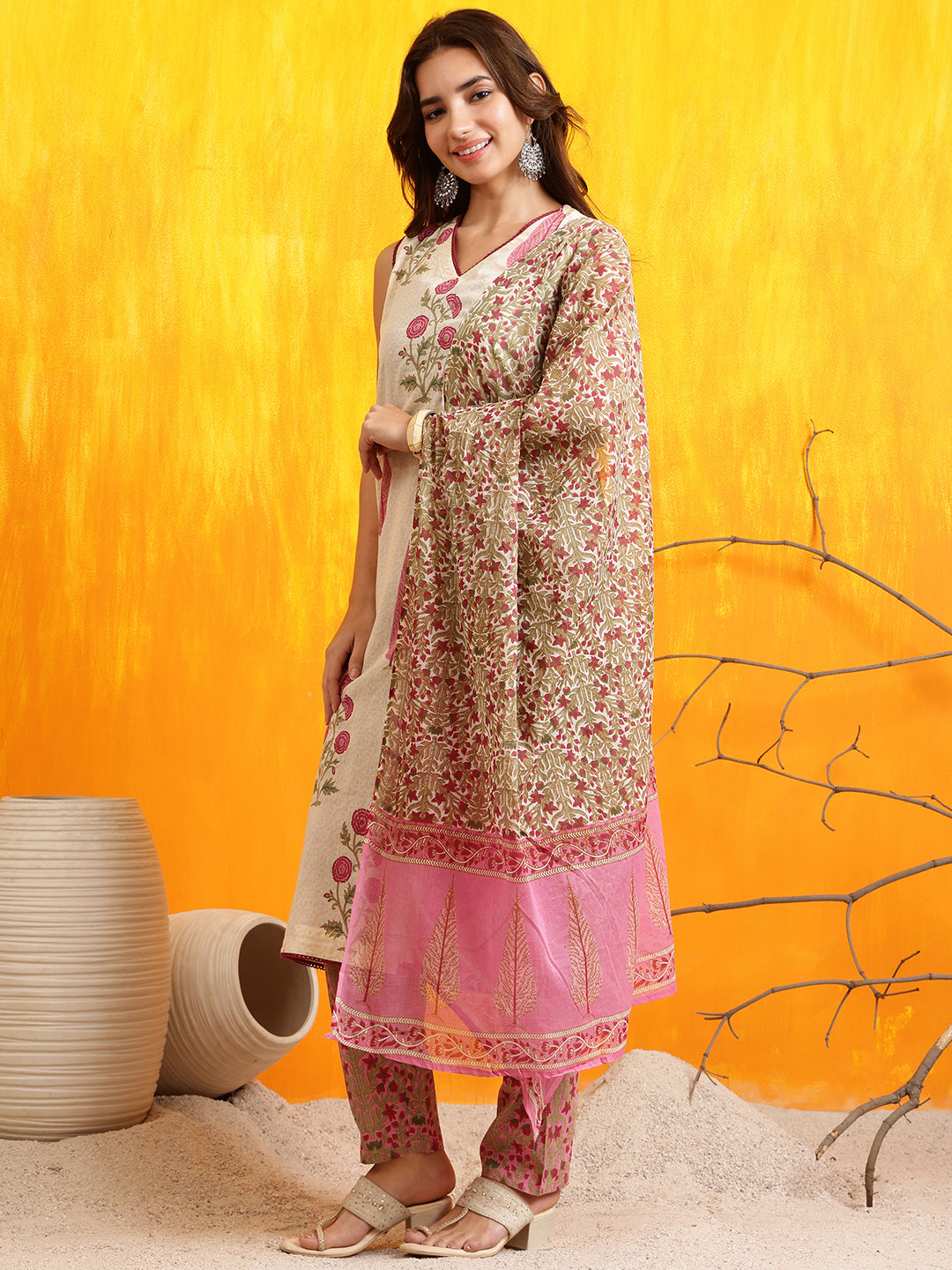 Ethnic Motifs Printed Kurta With Pant & Printed Dupatta, Pink - Hiral Fashion