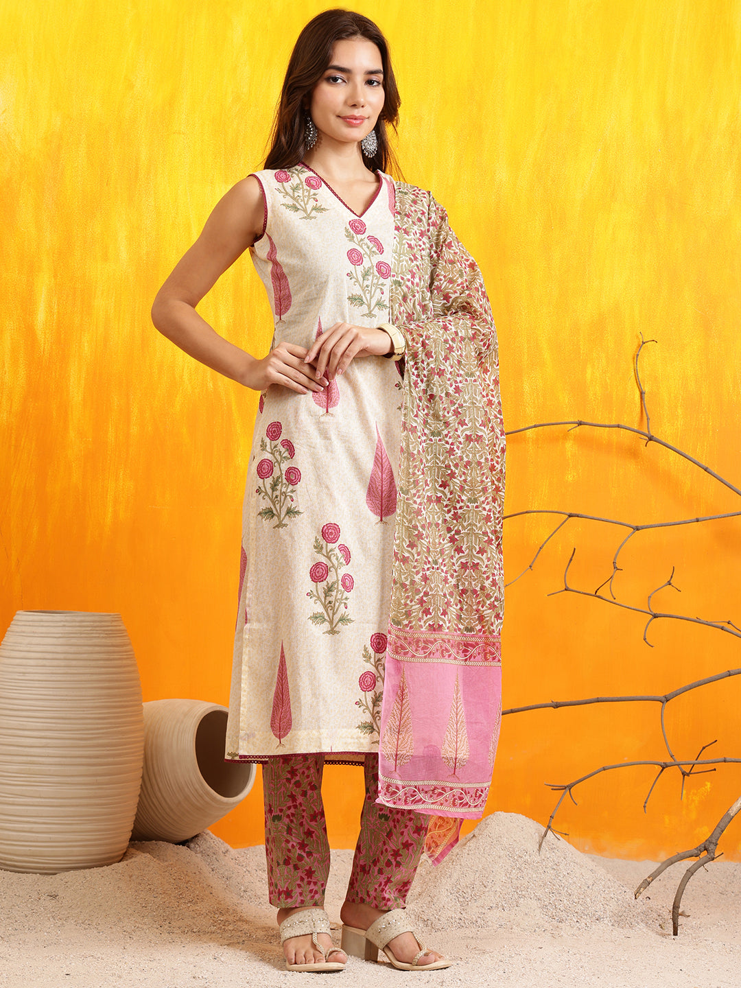 Ethnic Motifs Printed Kurta With Pant & Printed Dupatta, Pink - Hiral Fashion
