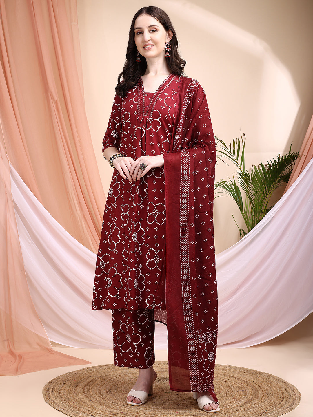 Embroidered & Bandhni A-Line Printed Kurta With Pant & Coordinated Dupatta, Maroon - Hiral Fashion