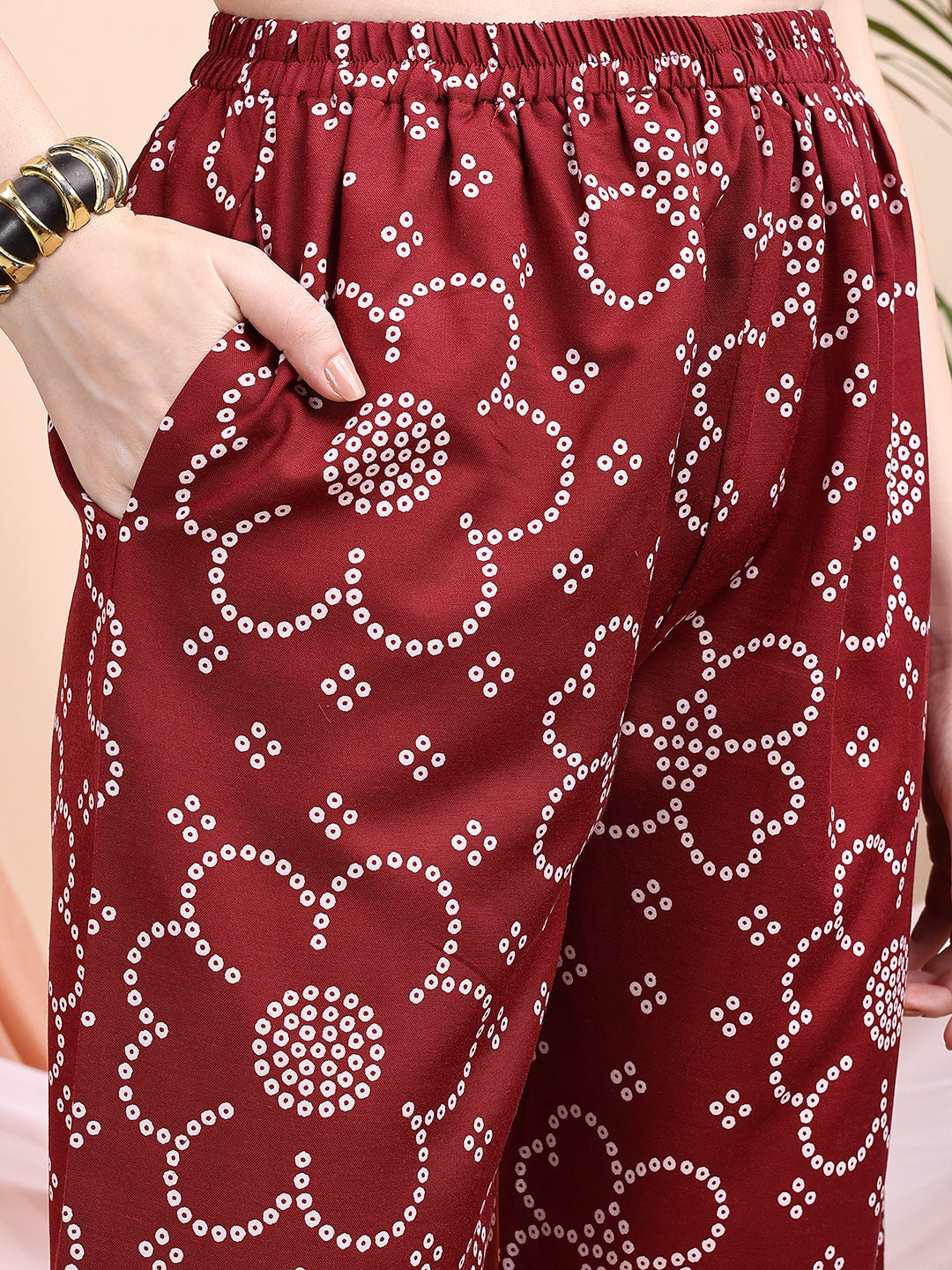 Embroidered & Bandhni A-Line Printed Kurta With Pant & Coordinated Dupatta, Maroon - Hiral Fashion