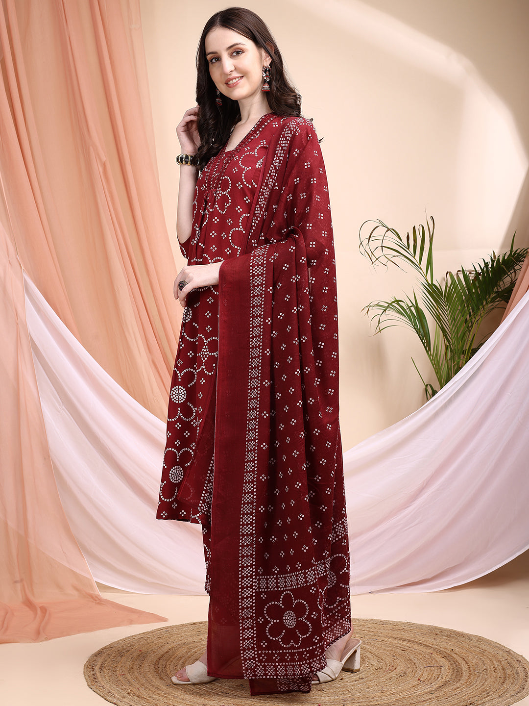 Embroidered & Bandhni A-Line Printed Kurta With Pant & Coordinated Dupatta, Maroon - Hiral Fashion