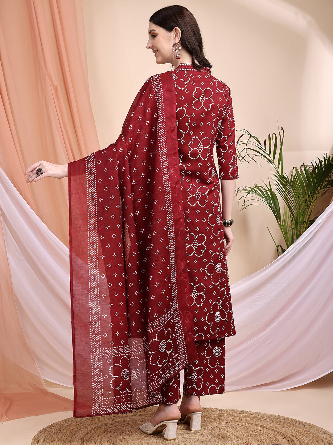 Embroidered & Bandhni A-Line Printed Kurta With Pant & Coordinated Dupatta, Maroon - Hiral Fashion
