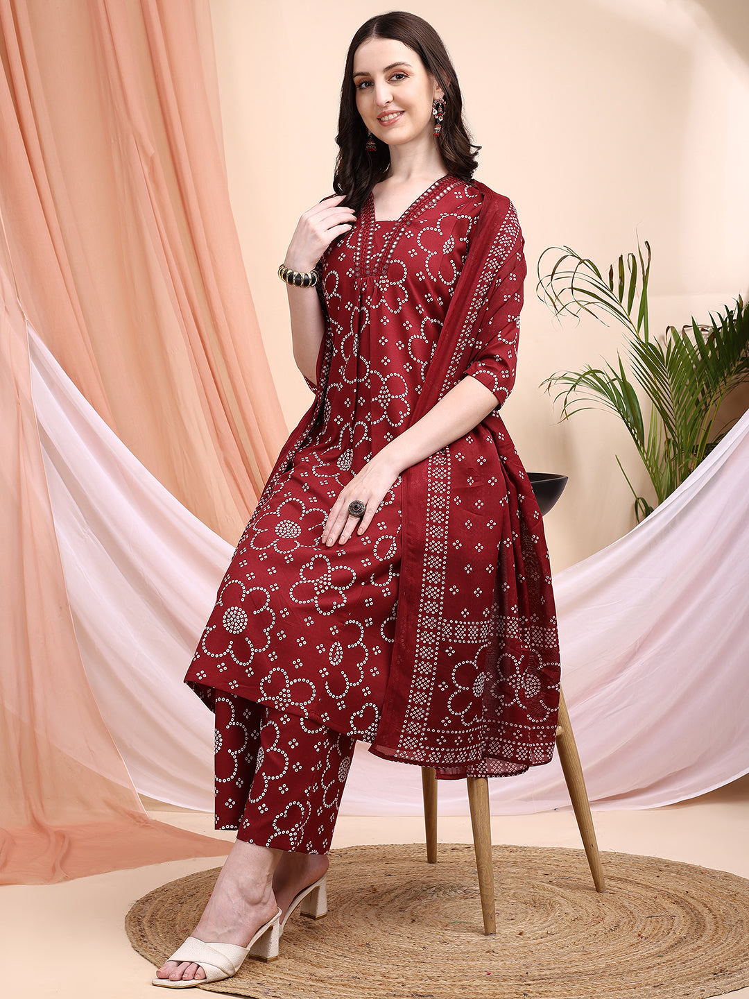 Embroidered & Bandhni A-Line Printed Kurta With Pant & Coordinated Dupatta, Maroon - Hiral Fashion