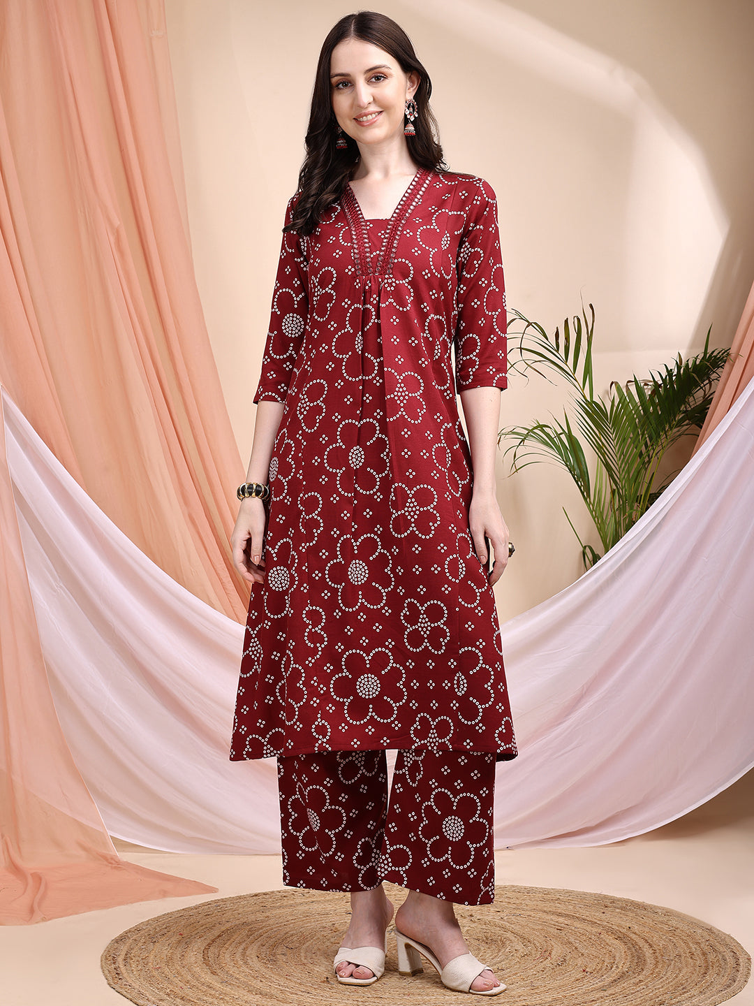 Embroidered & Bandhni A-Line Printed Kurta With Pant & Coordinated Dupatta, Maroon - Hiral Fashion