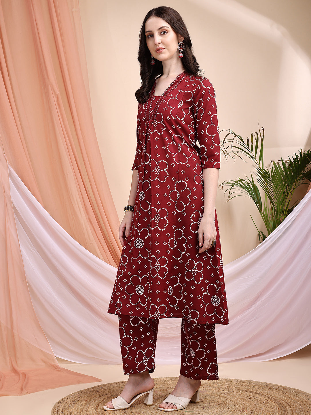 Embroidered & Bandhni A-Line Printed Kurta With Pant & Coordinated Dupatta, Maroon - Hiral Fashion
