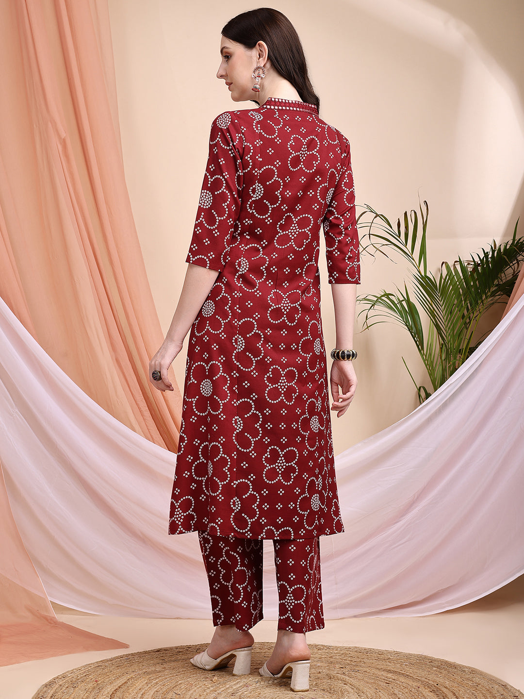 Embroidered & Bandhni A-Line Printed Kurta With Pant & Coordinated Dupatta, Maroon - Hiral Fashion