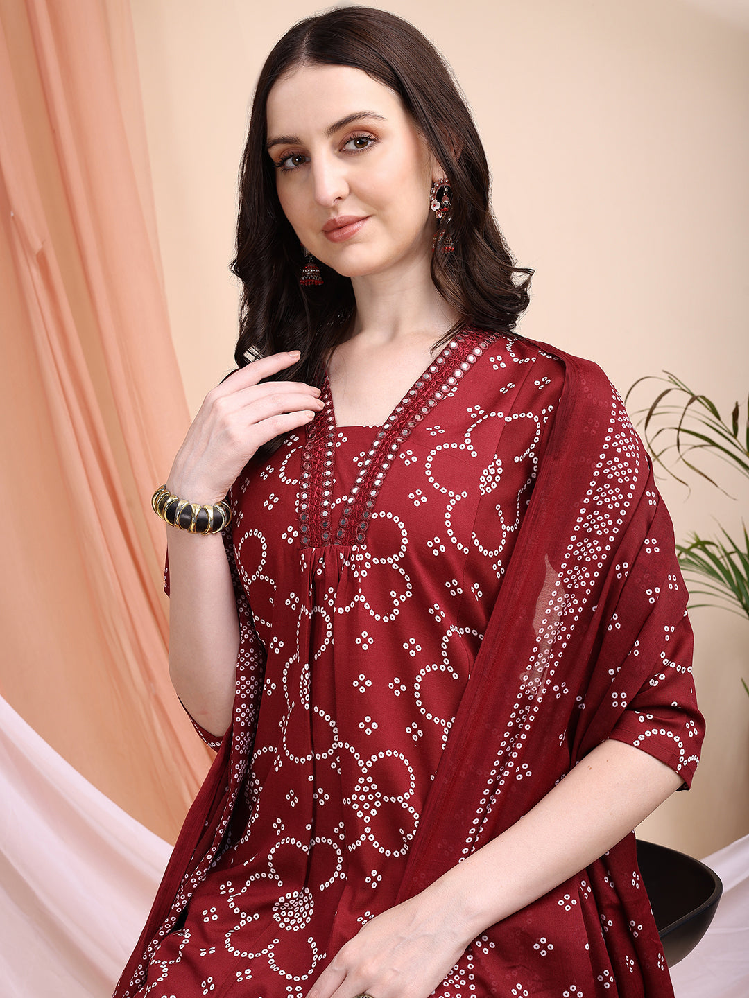 Embroidered & Bandhni A-Line Printed Kurta With Pant & Coordinated Dupatta, Maroon - Hiral Fashion