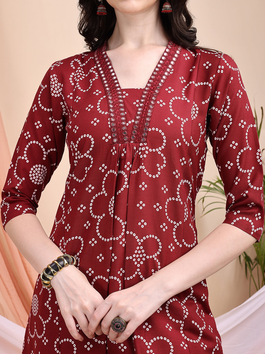 Embroidered & Bandhni A-Line Printed Kurta With Pant & Coordinated Dupatta, Maroon - Hiral Fashion