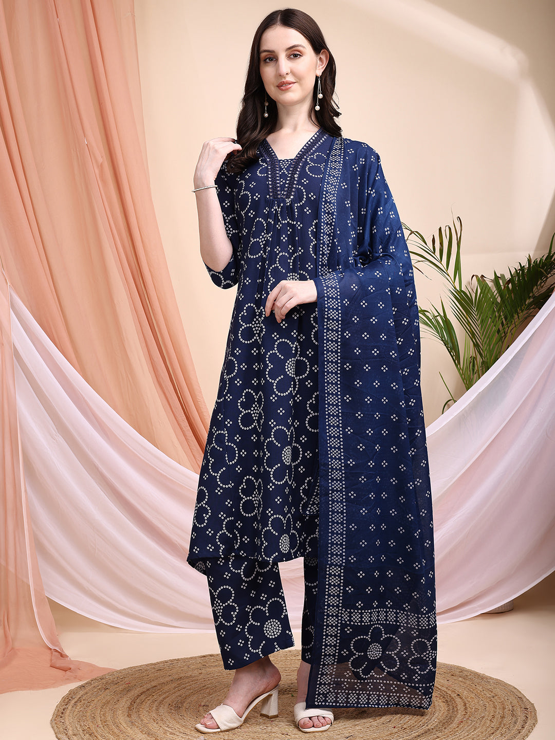 Embroidered & Bandhni A-Line Printed Kurta With Pant & Coordinated Dupatta, Navy Blue - Hiral Fashion