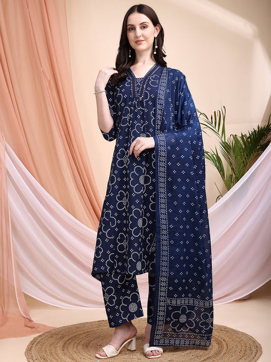 Embroidered & Bandhni A-Line Printed Kurta With Pant & Coordinated Dupatta, Navy Blue - Hiral Fashion