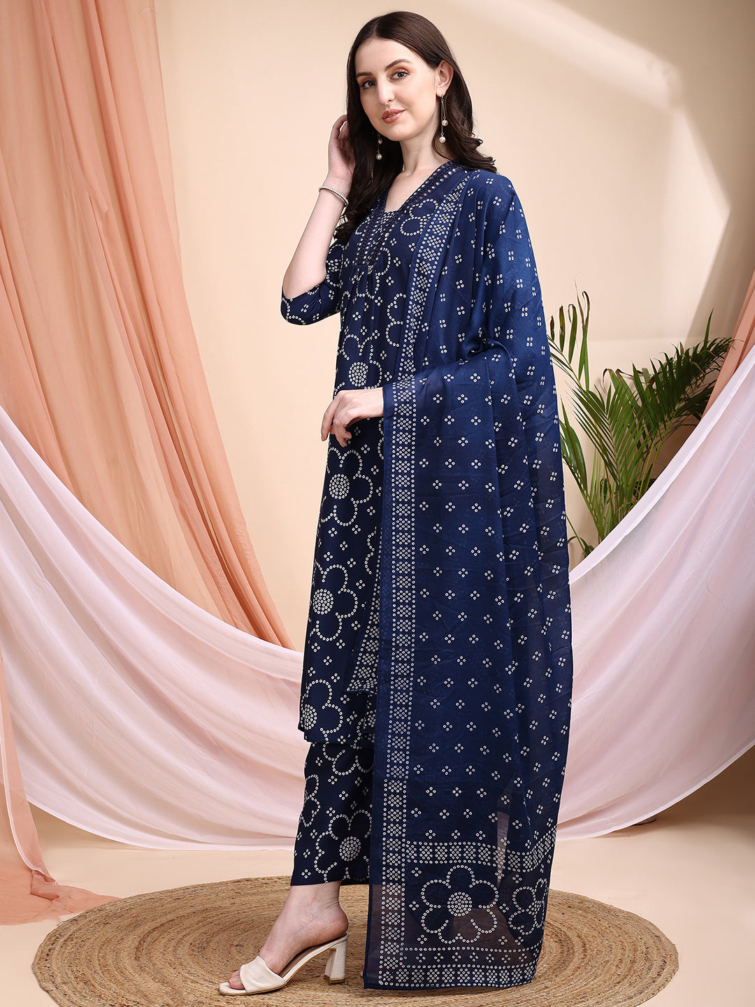 Embroidered & Bandhni A-Line Printed Kurta With Pant & Coordinated Dupatta, Navy Blue - Hiral Fashion