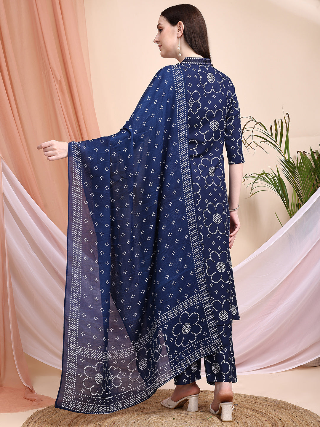 Embroidered & Bandhni A-Line Printed Kurta With Pant & Coordinated Dupatta, Navy Blue - Hiral Fashion